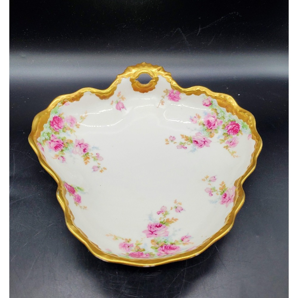 Antique B & H Limoges Handled Nut Candy Dish Pink Rose Flower France 9.5"